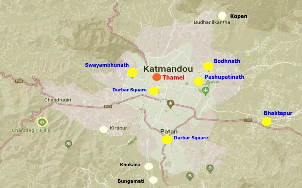 points d'intérêts de la ville de Katmandou